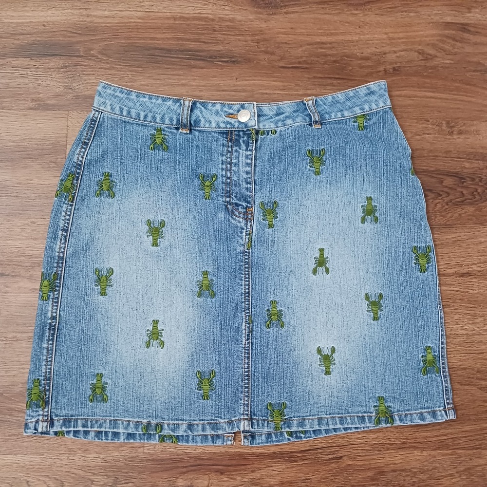 Lilly Pulitzer Blue Denim Skirt with Green Lobster Embroidery